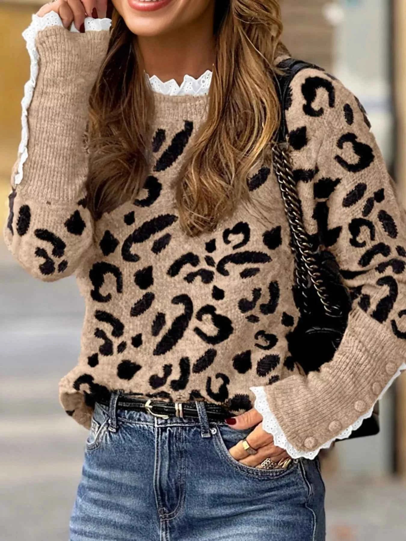Leopard Pattern Lace Ribbed Detail Button Cuffed Sweater Leopard 1cd37b73-1b9c-4ee2-8ab0-ddeda236fd85-Max-Origin
