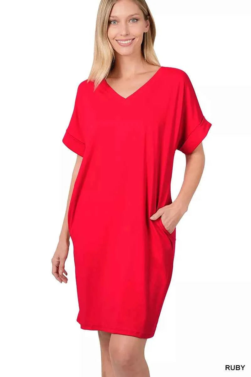 Zenana Brushed Dty Rolled Short Sleeve V-Neck Dress RUBY 1cd41a59f4004f45afc00244922d0af7-Max-Origin