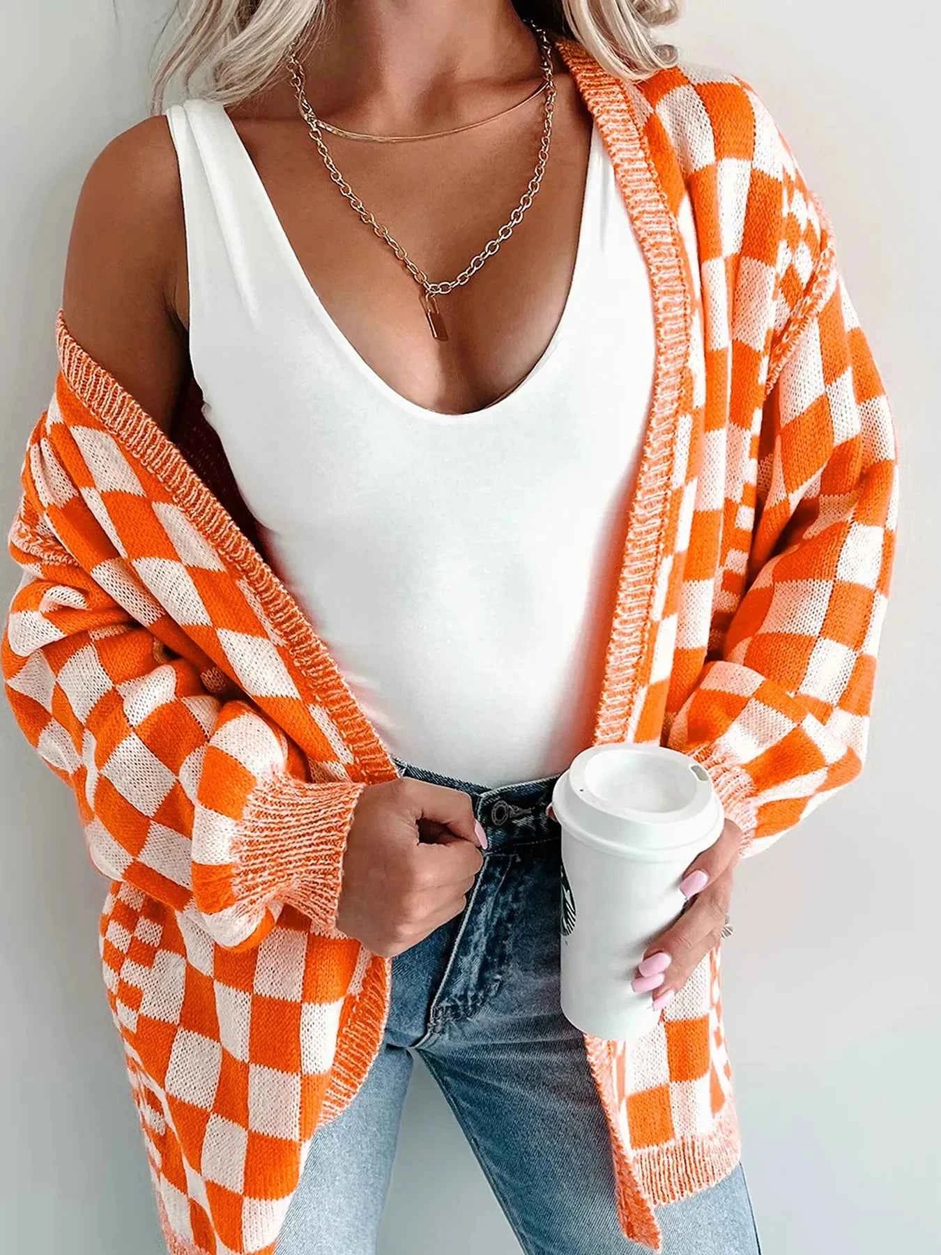 Checkered Pattern Open Front Cardigan 1cd627a0-d179-4b60-97b5-5196f912bc95-Max-Origin