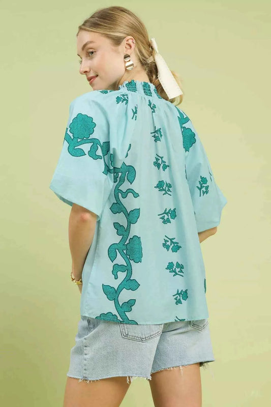 Floral Smocked Notched Puff Sleeve Blouse 1cdf3ac4-3b79-421b-8985-1a466e5cad58-Max-Origin