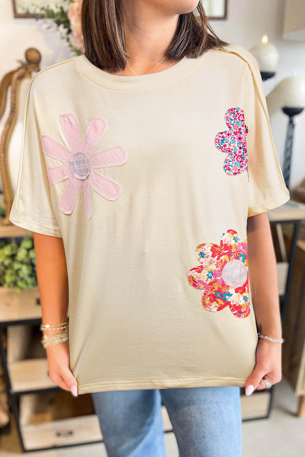 Sky Blue Flower Patched Exposed Stitching Trim Loose Tee 1ce139c410f7651a