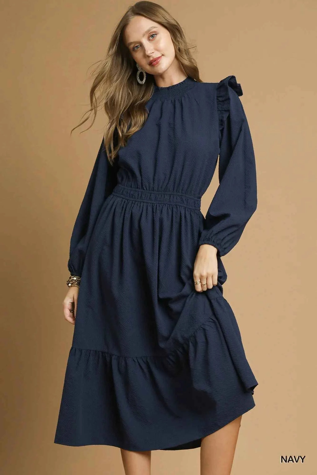 Umgee Textured Midi Dress with Ruffle Shoulder Detail Navy 1ce32d77-4adb-43a7-9a27-e286b996d0f8-Max-Origin
