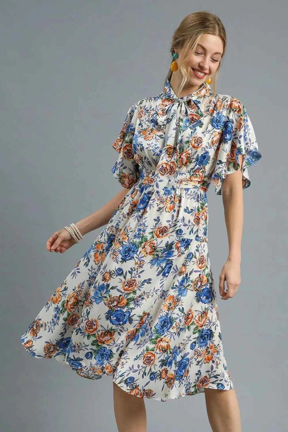 Umgee Floral Print Flutter Sleeve Dress Royal Blue 1cec05d6-f95c-4309-829c-c3ced58ad4e7-Max-Origin