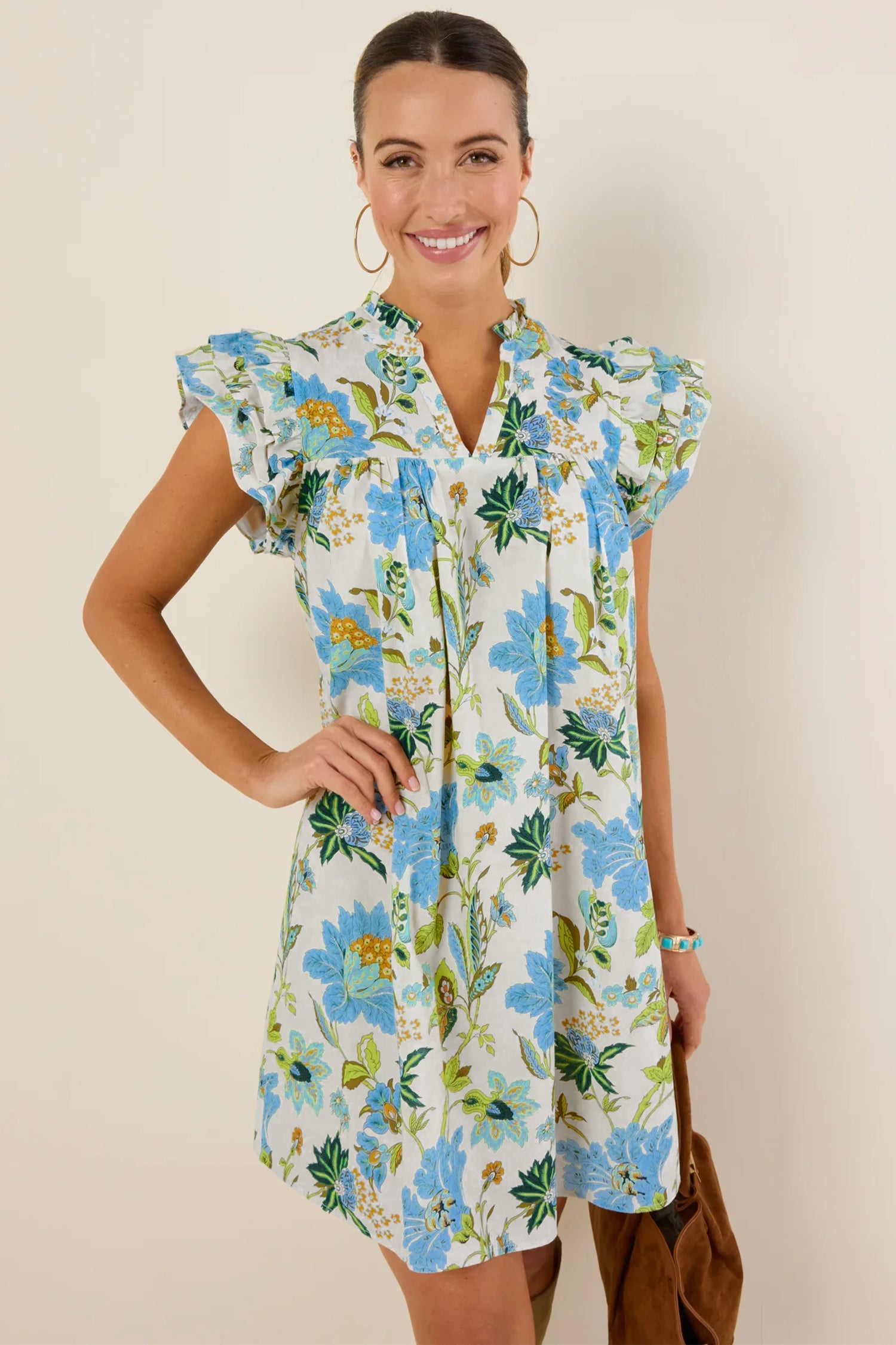 Beige Floral Print V Neck Triple Ruffle Short Sleeve Shift Mini Dress 1cf13a2397bcdacb