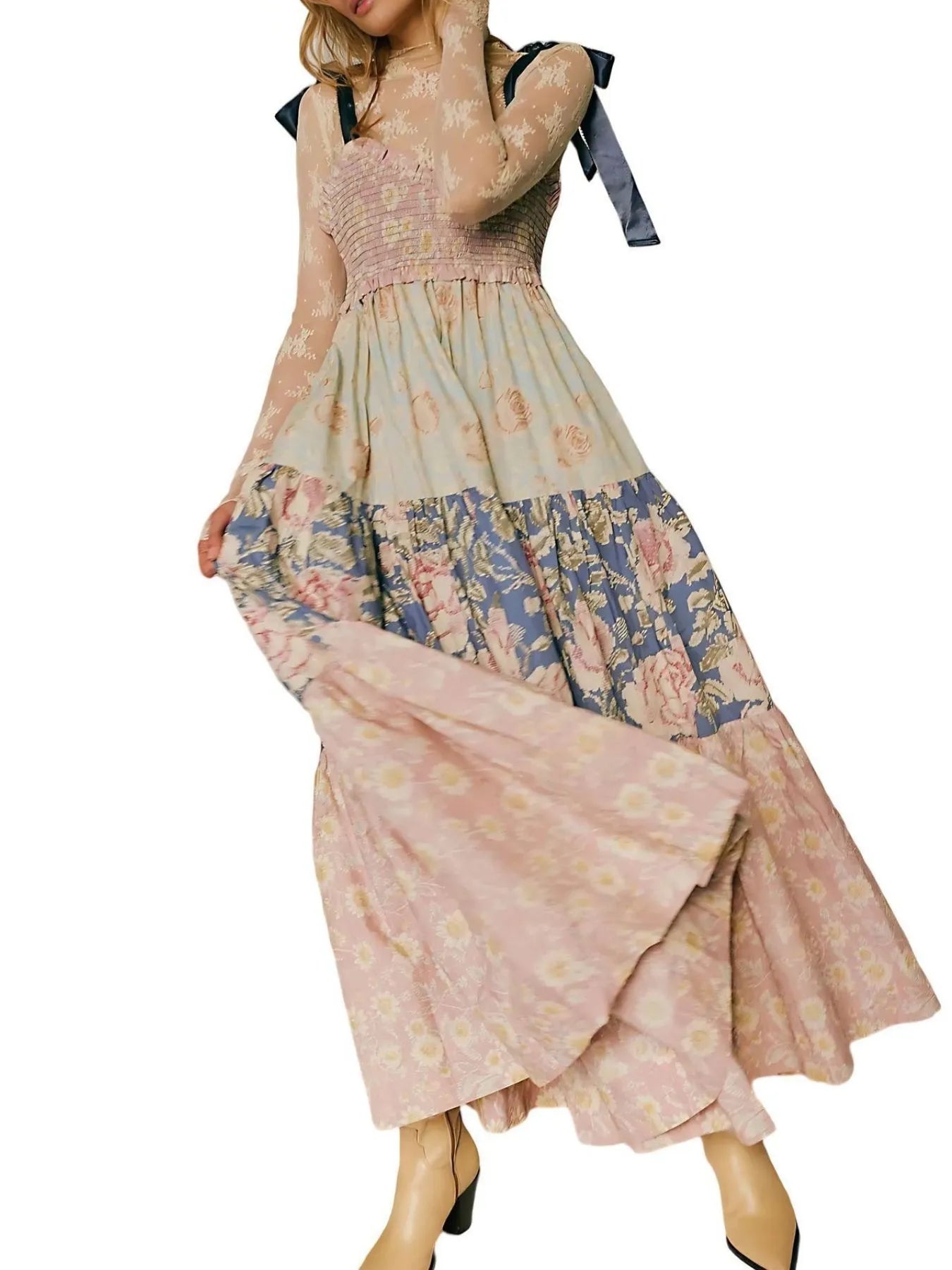 Smocked Tie Shoulder Printed Maxi Dress Apricot 1cf65933-5aa8-4007-9a02-c59eef7c4b45-Max-Origin