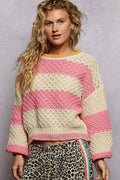 POL Contrast Striped Round Neck Sweater with Textured Cable Knit Pattern PINK STRIPE 1cfe94c6-6ba9-4e5d-89a9-9a4bc969551f-Max-Origin
