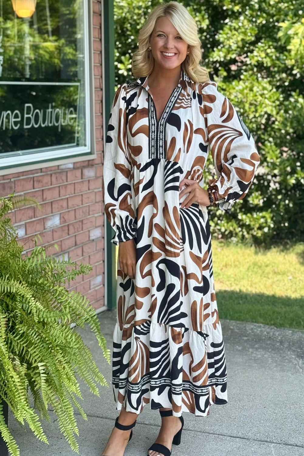 Brown Tropical Print Contrast Trim Neck Long Sleeve Ruffle Hem Dress 1d00a40457987cbd