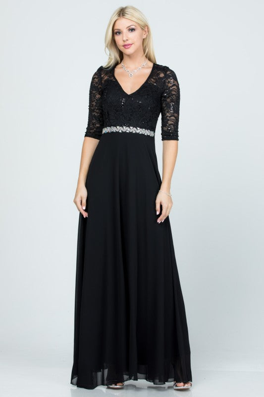 Plus Size A-Line Evening Dress – 3/4 Sleeve Lace Rhinestone Waist Gown Black 1d070d49-fab6-4f26-af7c-899671c9e59b