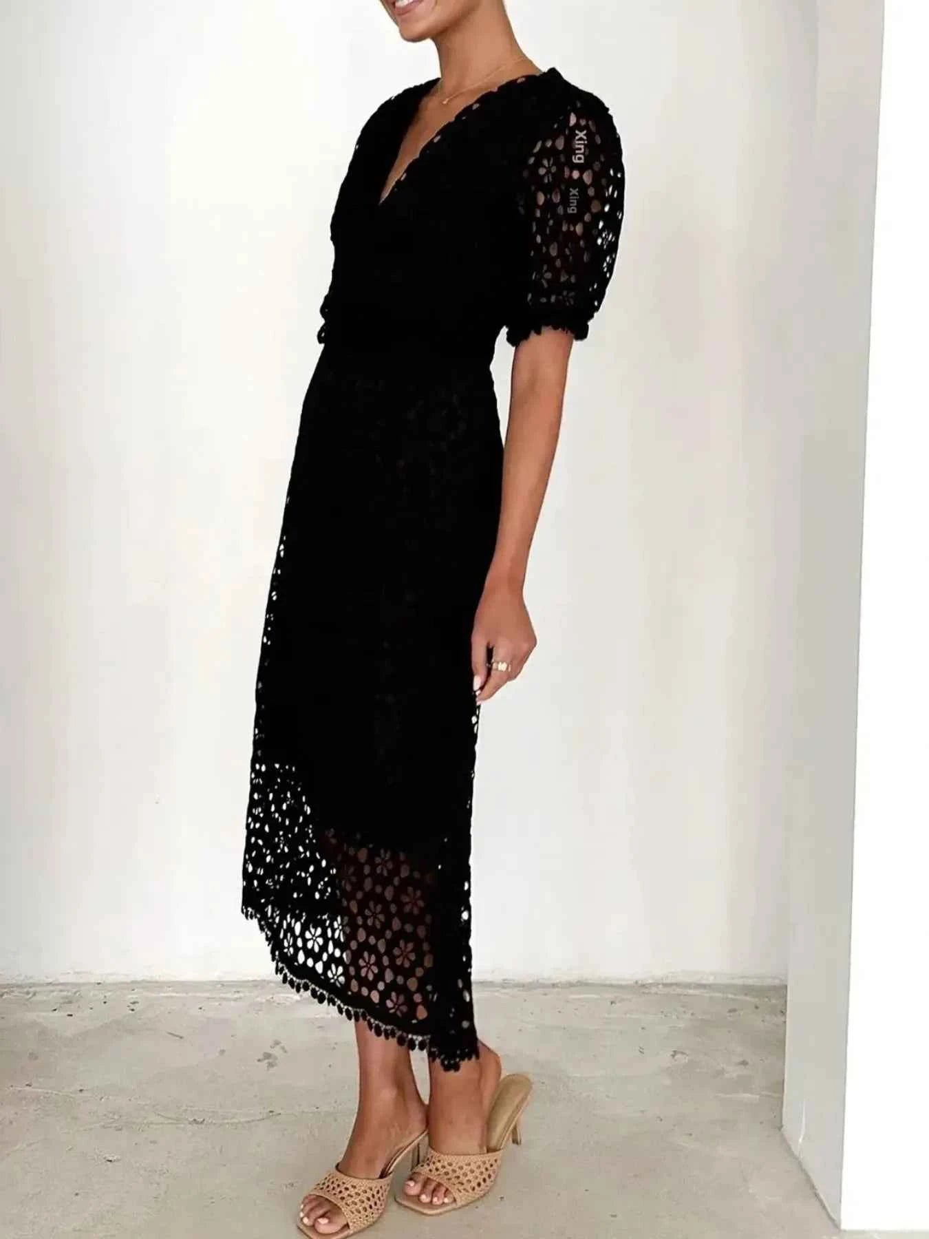 Eyelet Lace V-Neck Midi Dress with Puff Sleeves 1d08126e-ccaf-48c6-b5b1-023f1a756d92-Max-Origin