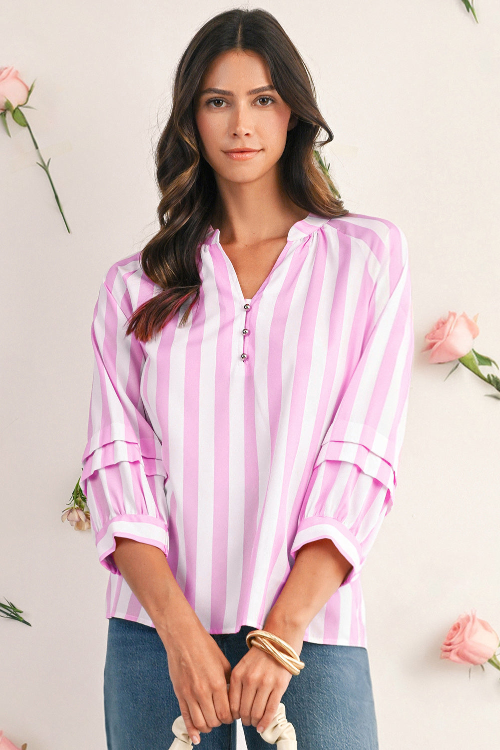 Rose Striped Button V Neck Raglan Sleeve Blouse 1d09bc9ae084c6e2