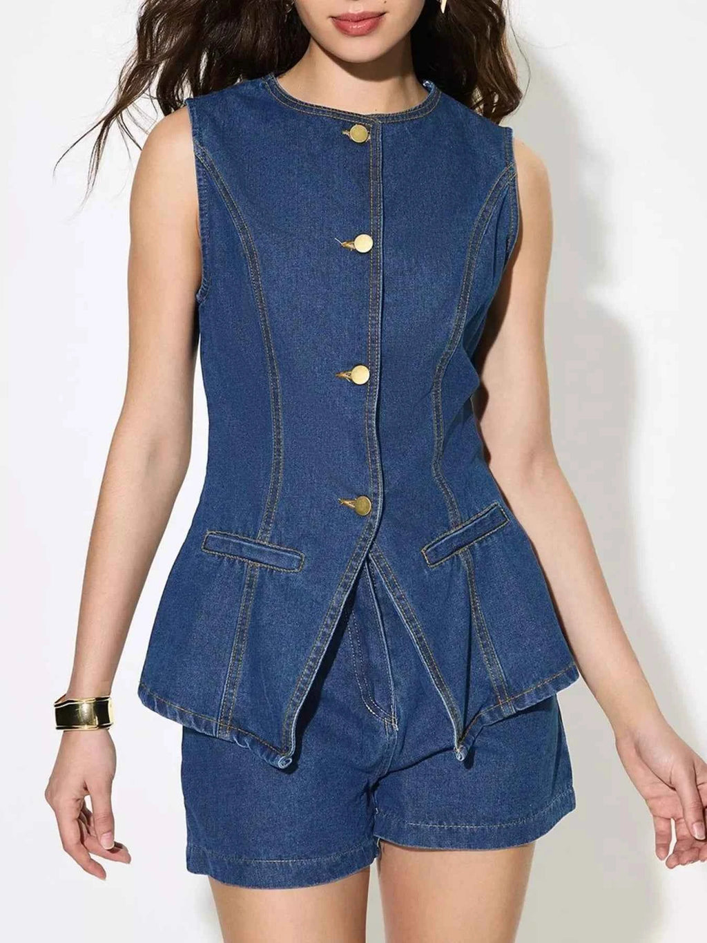 Button Up Sleeveless Denim Top and Shorts Set Blue 1d0a394672c94ab39af62a888552a44e-Max-Origin