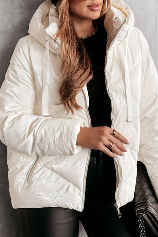 White Solid Quilted Hooded Zip Up Puffer Coat White 100%Polyamide 1d0e9b5e49b6b74e