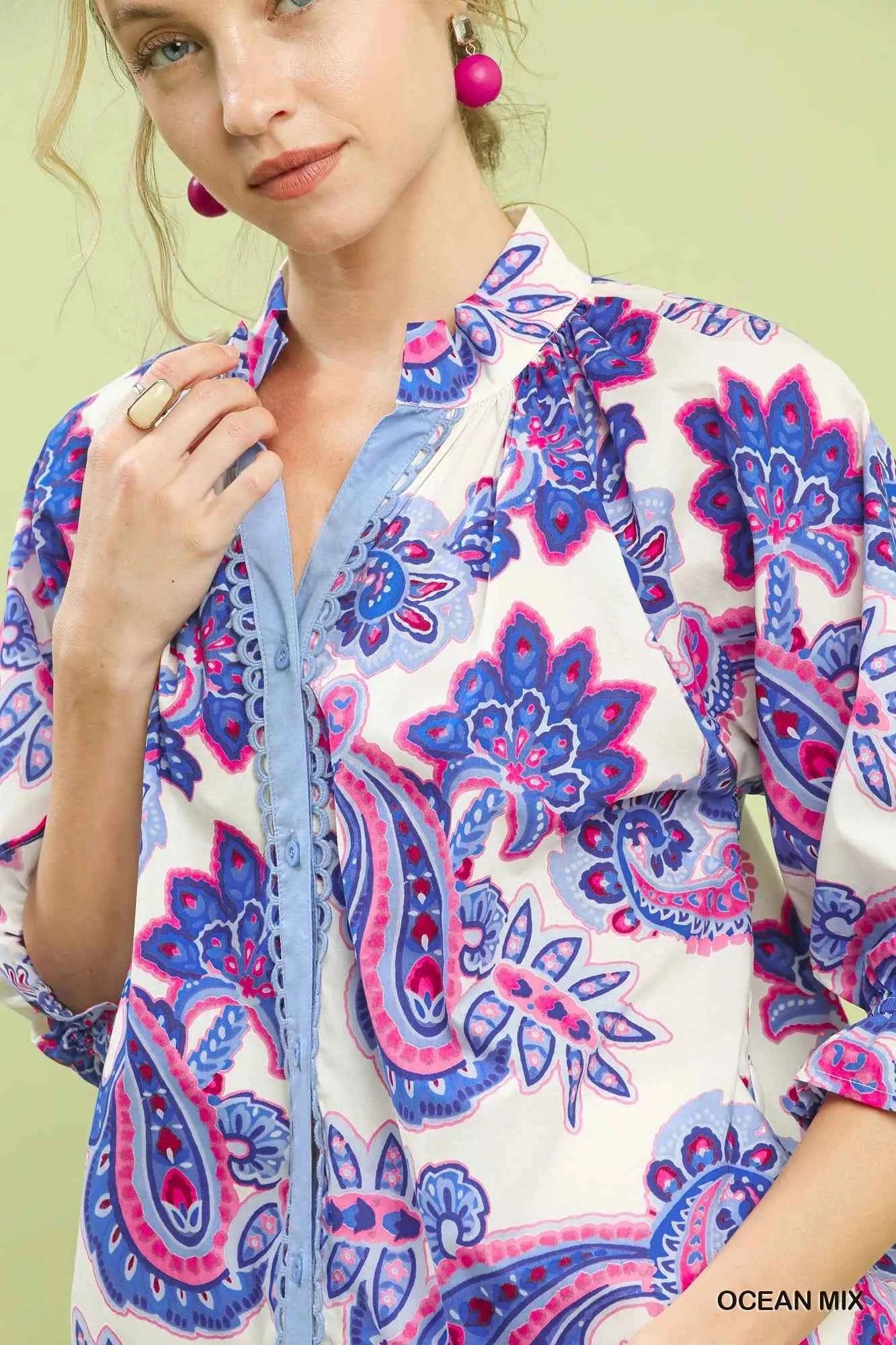 Umgee Paisley Print Button Front Blouse with Scallop Trim Detail 1d0fff17-f234-496c-8320-8ff00d03a4fb-Max-Origin