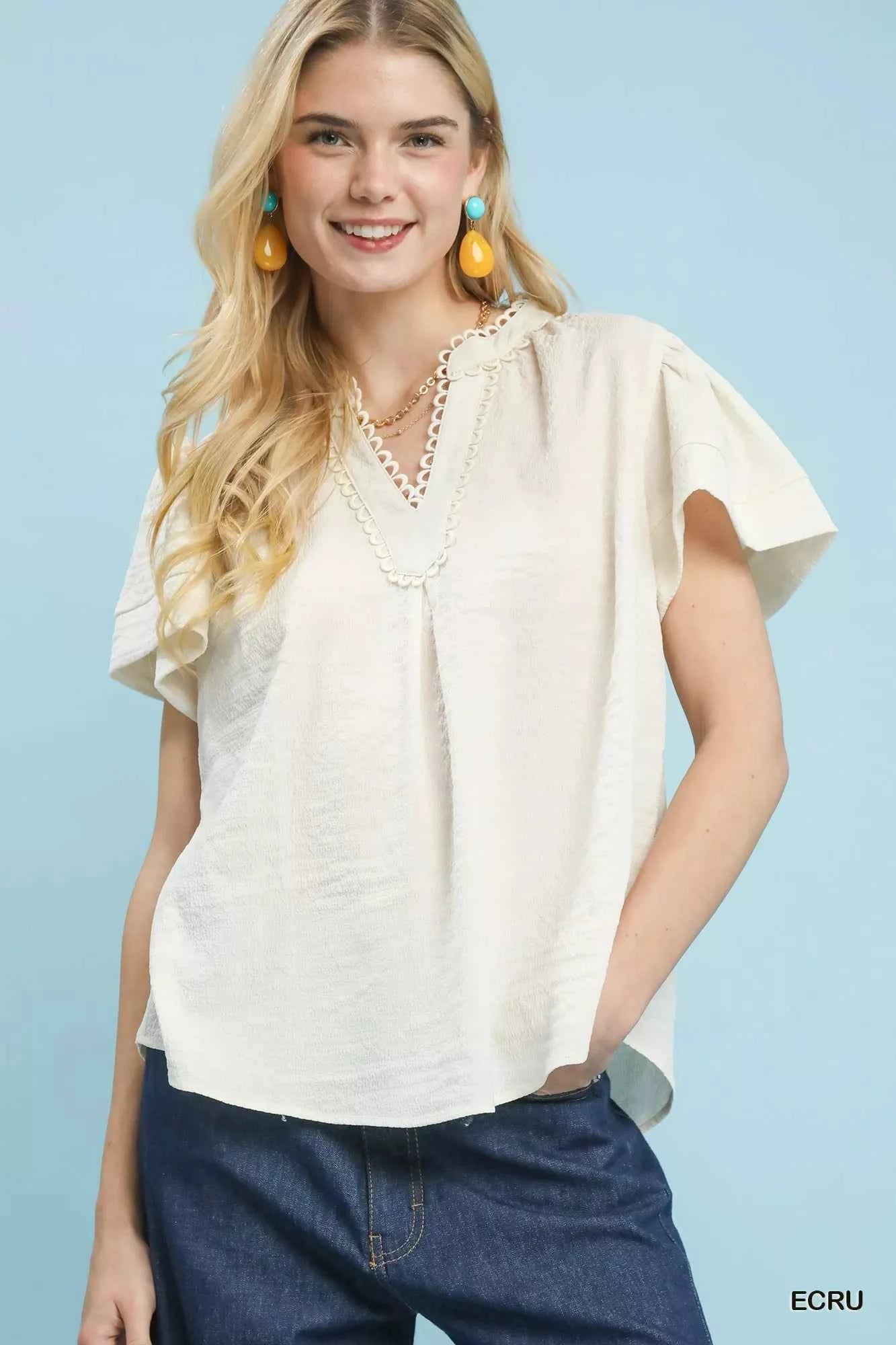 Umgee Seersucker Short Sleeve Top with Lace Trim ECRU 1d11c58a-1297-47ba-a701-a60abb616844-Max-Origin