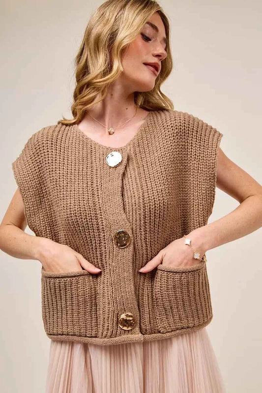 Big Metal Button Front Sweater Vest COFFEE 1d12bb4c026b407d9901d2b9b01da88c-Max-Origin