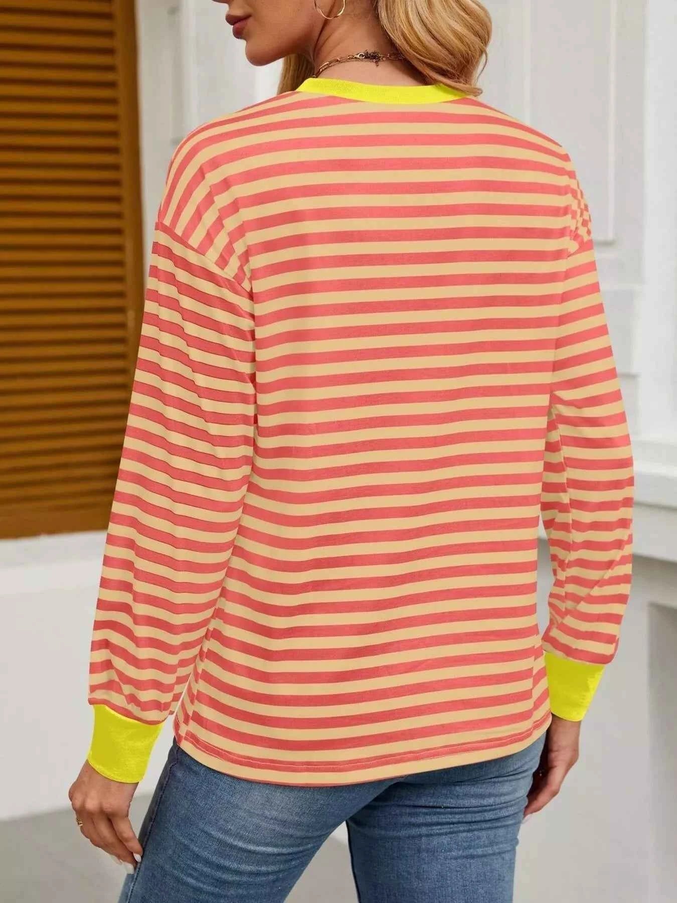 Striped Round Neck Long Sleeve T-Shirt Orange Yellow 1d14aadc28194904ba3e06d2adfff30f-Max-Origin
