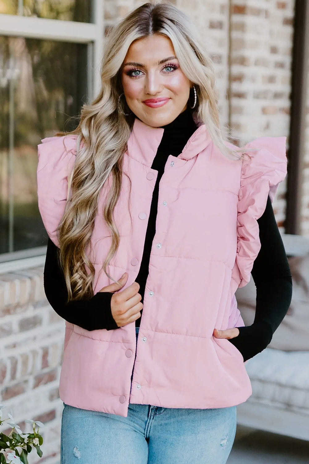 Pink Stand Neck Flutter Sleeve Snap Button Puffer Vest 1d1aa5928113c782