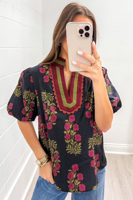 Black Floral Short Bubble Sleeve Contrast Slit Neckline Blouse 1d1bace9d2644264