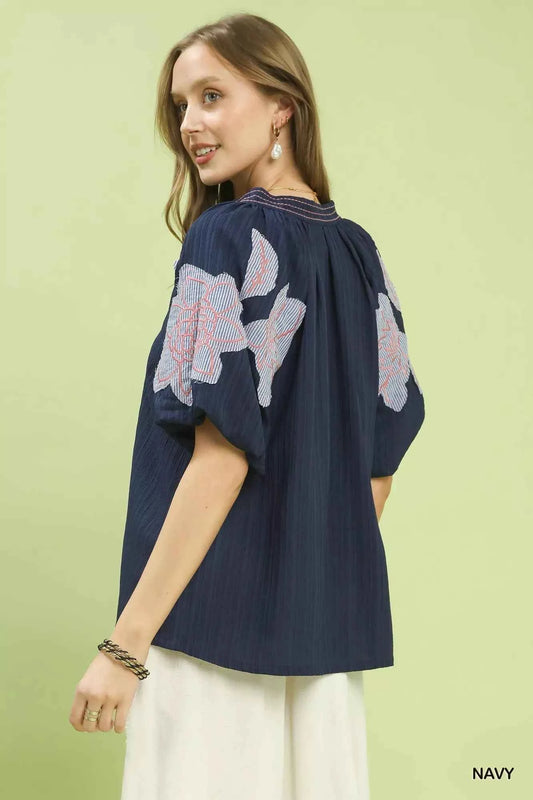 Embroidered Balloon Sleeve Notch Neck Blouse 1d204a07-e671-455d-8e20-1f17efc387a6-Max-Origin