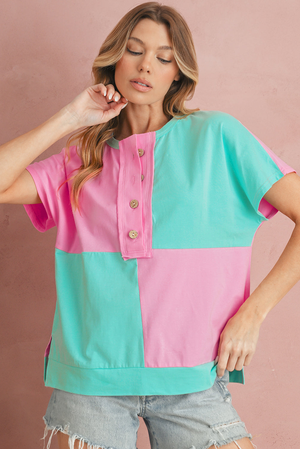 Mint Green Colorblock Half Buttons Henley T Shirt 1d230ab88ec78596