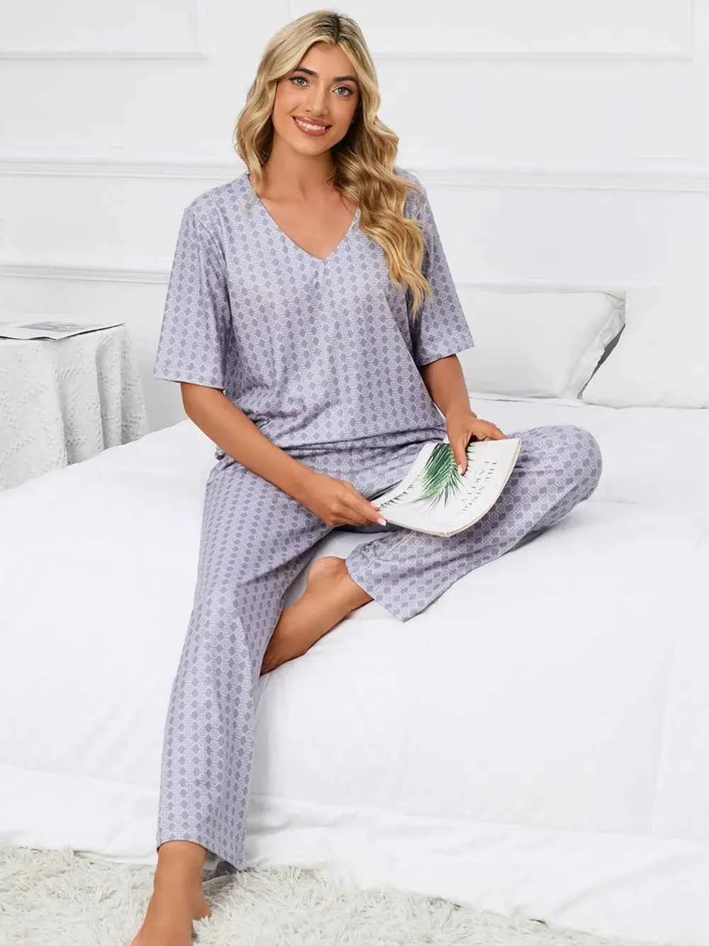 Printed V-Neck Top and Pants Lounge Set 1d234220-287d-4b96-82ad-e468fa86cf89-Max
