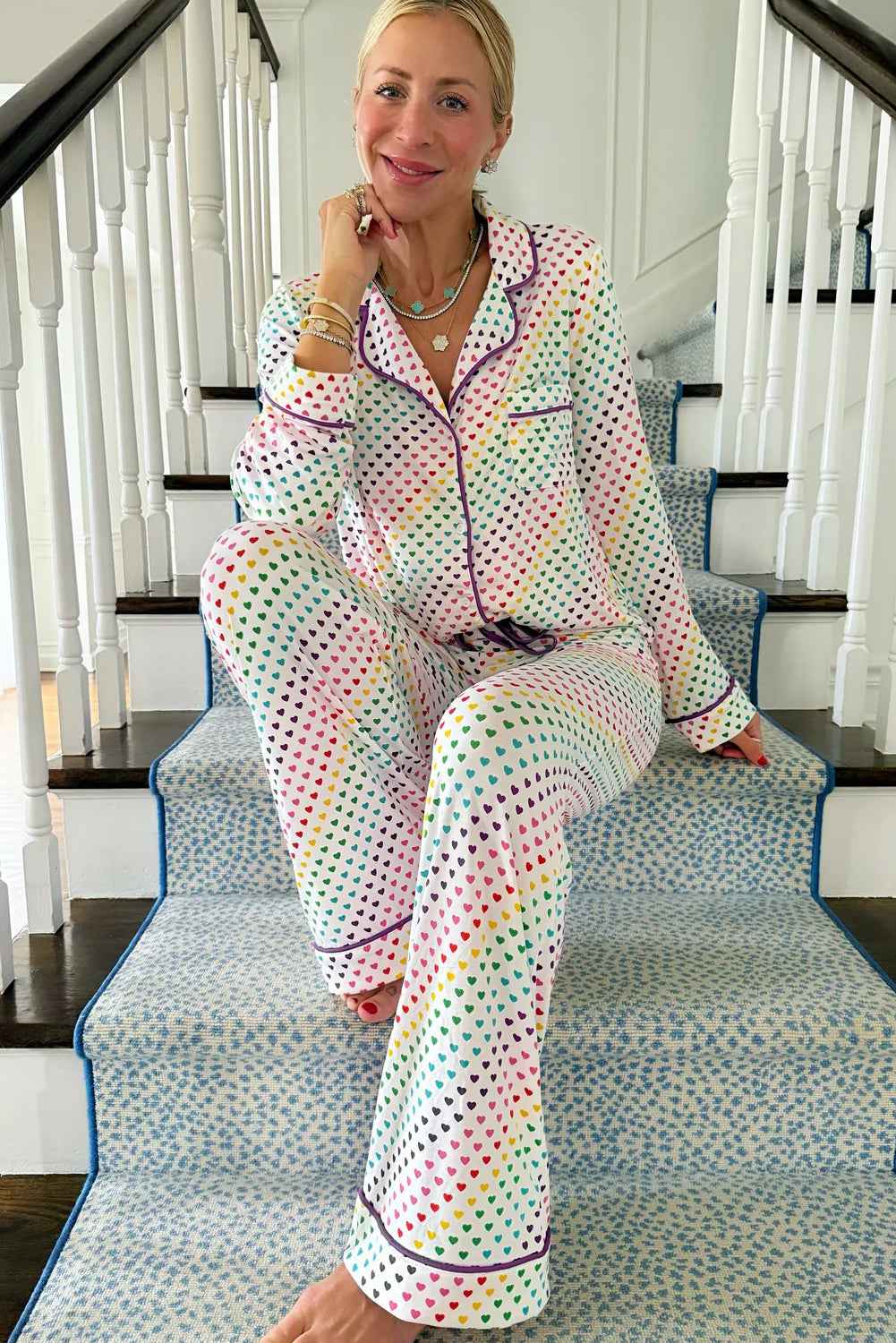 White Pride Heart Print Valentines Long 2pcs Pajama Set 1d248cd8c00042b0