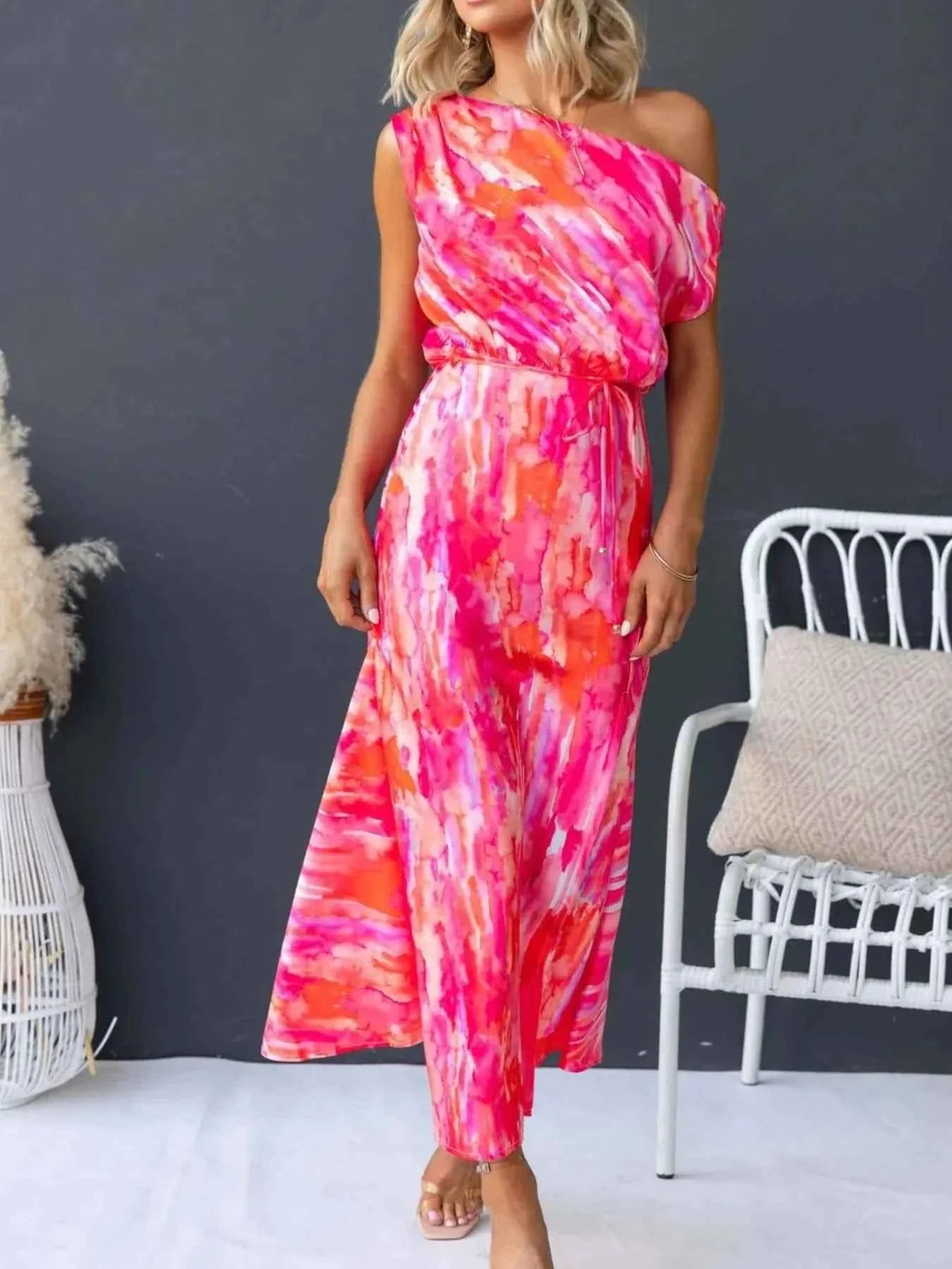 One Shoulder Printed Dress with Slit Peach Color 1d2e6cbc-36c8-47a0-a46f-643655a21f4a-Max-Origin