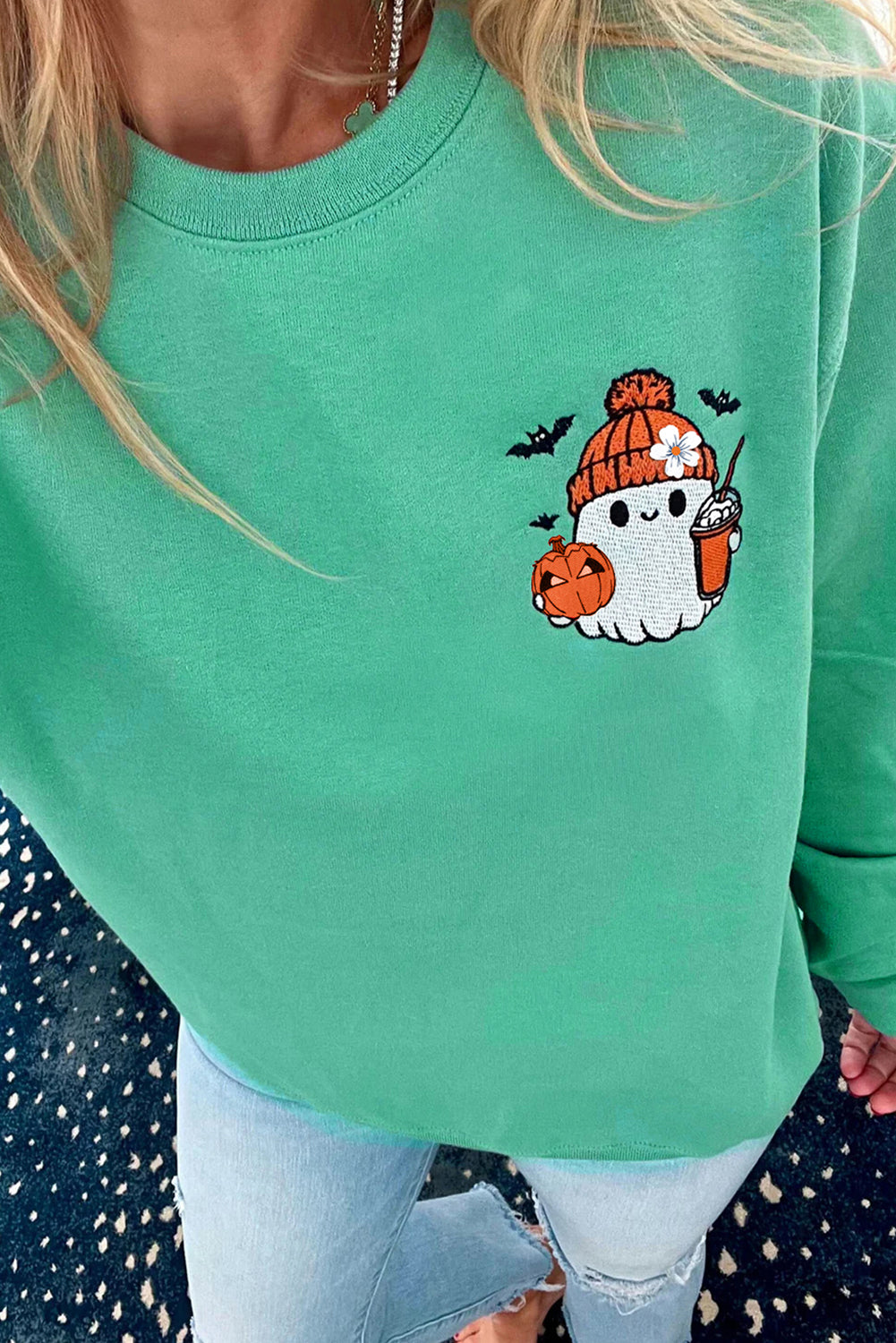 Aruba Blue Cute Halloween Ghost Embroidered Sweatshirt 1d35361cf3471110