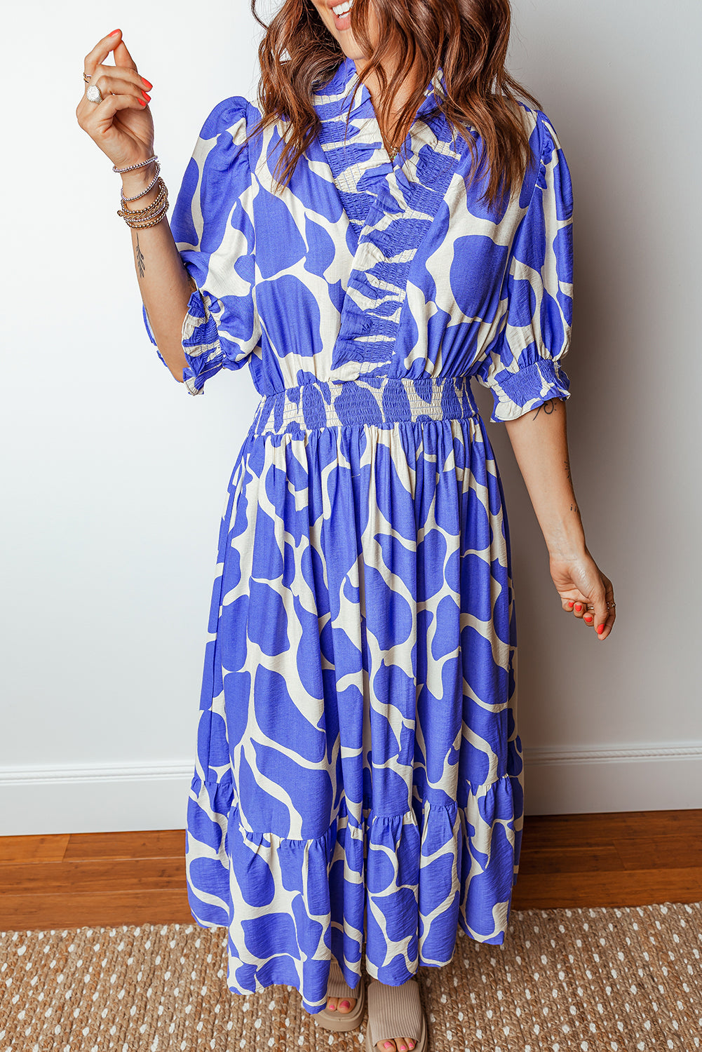 Sky Blue Abstract Print Smocked Waist Puff Half Sleeve Maxi Dress 1d44b8230b9b1eb1