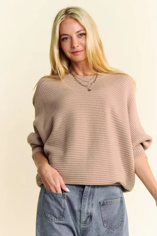 Davi & Dani Round Neck Batwing Sleeve Sweater 1d457423-f725-48a0-9eea-984c2d136c2f-Max