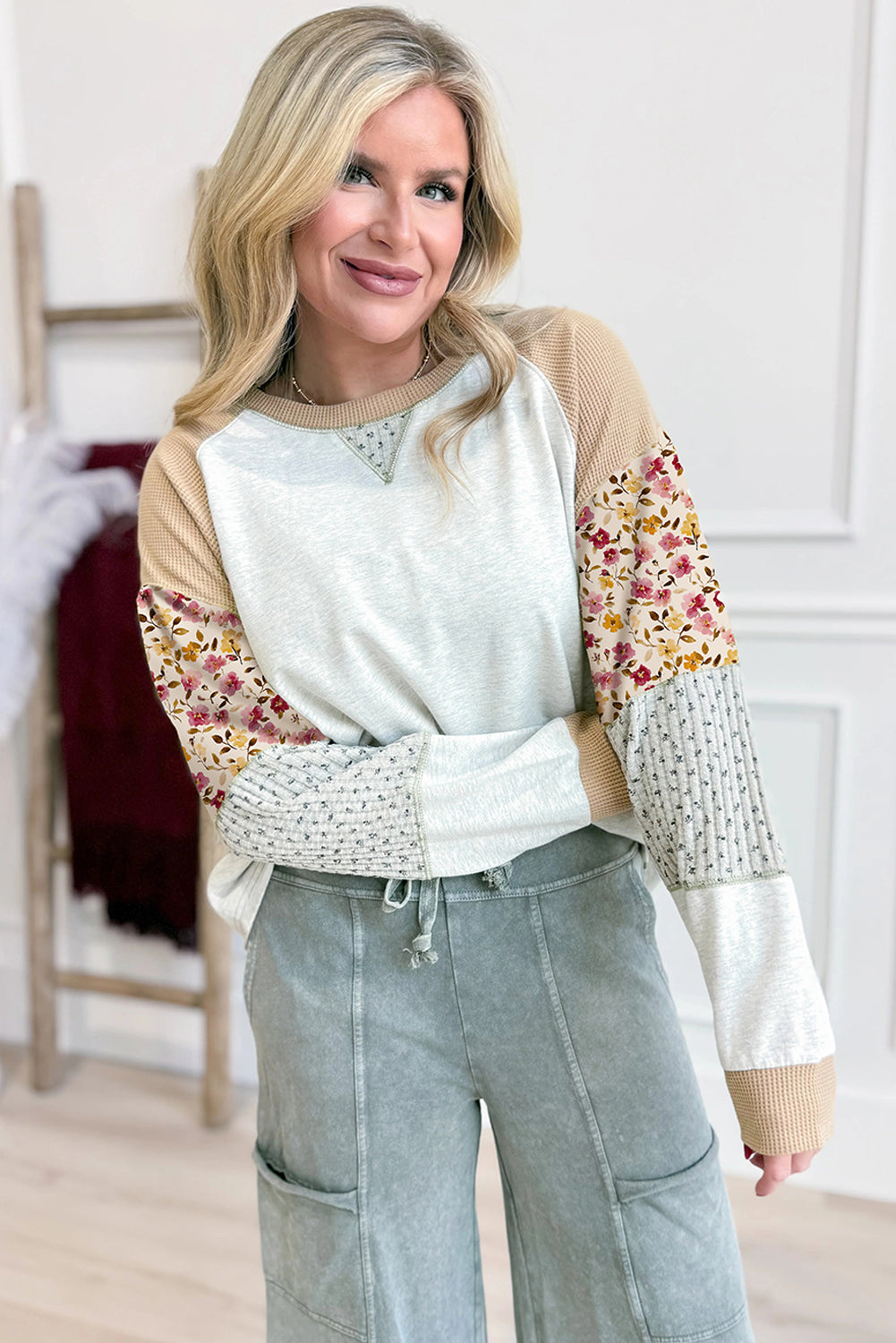 Light Grey Mixed Print Raglan Sleeve Patchwork Exposed Seam Pullover Top 1d45899b2f3efe44