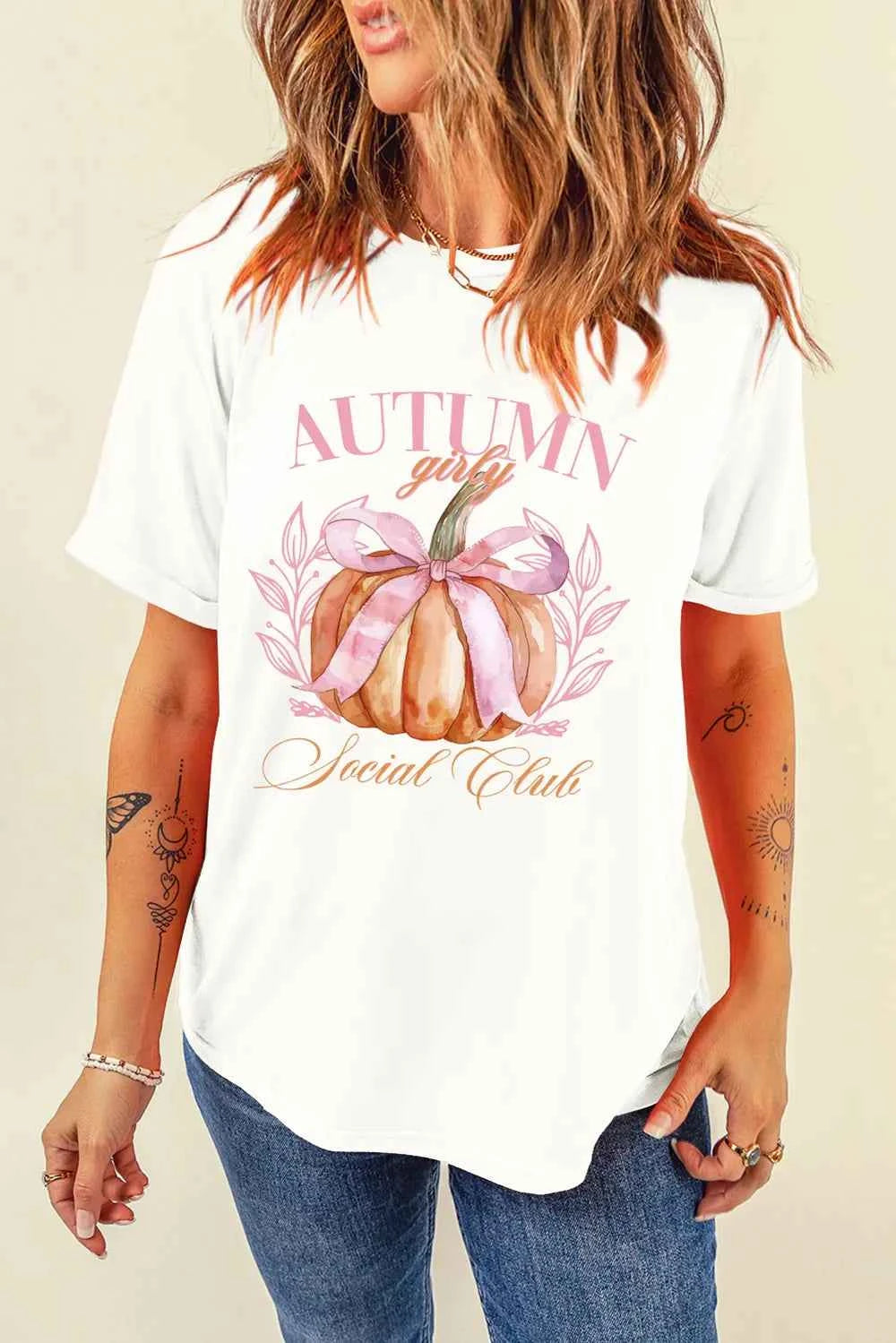 Pumpkin Graphic Round Neck Short Sleeve T-Shirt White 1d4b0f2f-239c-479f-91a1-fa00b7ae5c43-Max