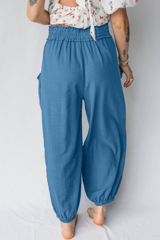 Prussian Blue Smocked Waist Casual Jogger Style Pants 1d4bc4cff254252c