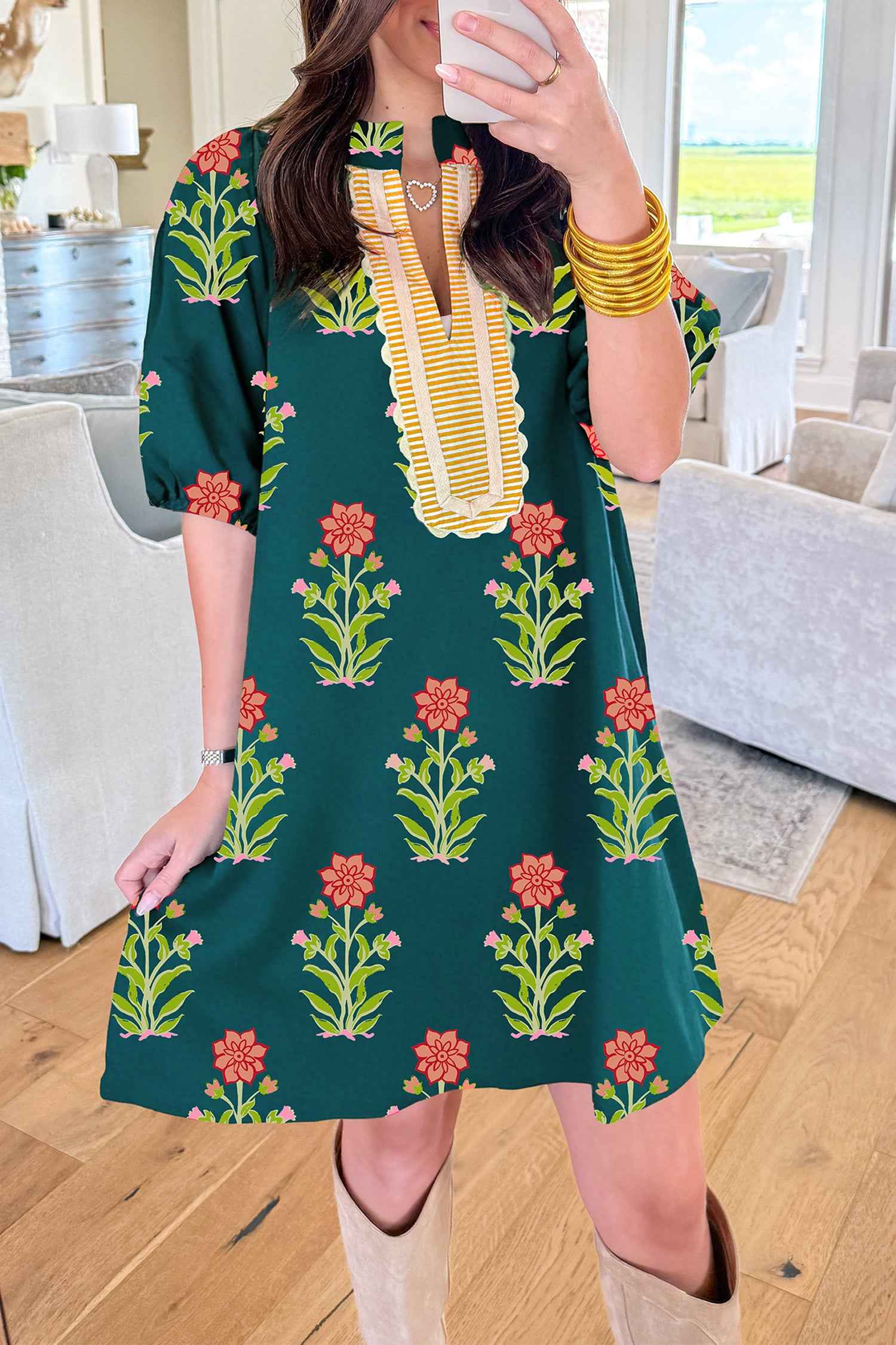 Green Floral Print Contrast Trim Striped Patchwork Short Sleeve Dress Green 55%Cotton+45%Viscose 1d4f0fef7411f469