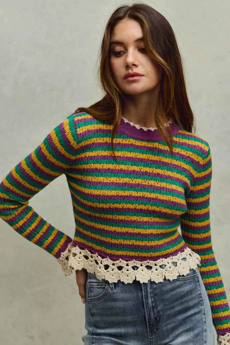SO ME Mardi Gras Striped Cropped Knit Top with Crochet Edge 1d50db8b19a545e7bd4cf81be5c6f1da-Max-Origin