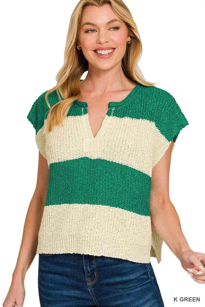 Zenana Split Neck Sleeveless Stripe Sweater K GREEN 1d55d6da45834070bb7dafb9972e1bc0-Max-Origin