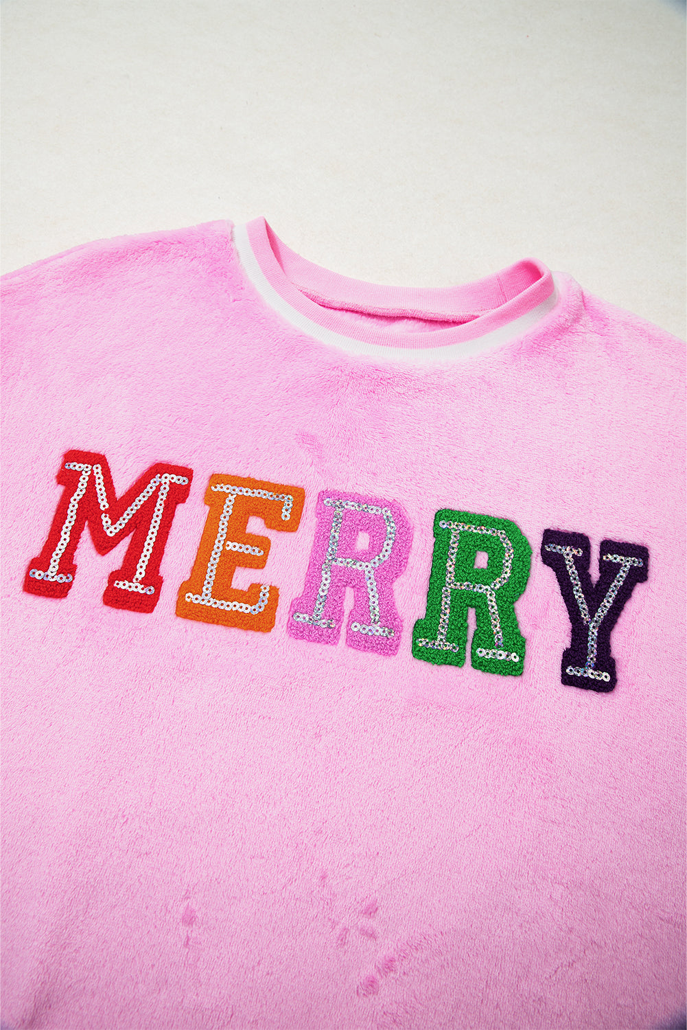 Sachet Pink Merry Letter Pattern Plush Pullover 1d57b0c8488bb7a7