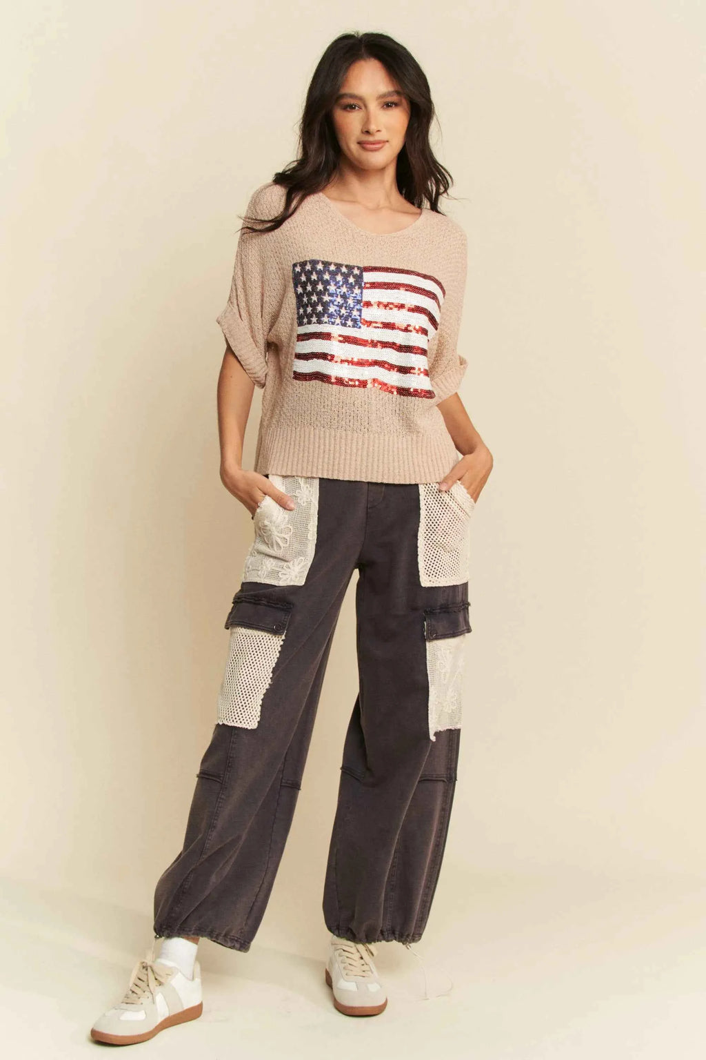 Davi & Dani Sequin American Flag Patch Short Sleeve Knit Top 1d57edf811eb43a6932d887c07f3a085-Max-Origin