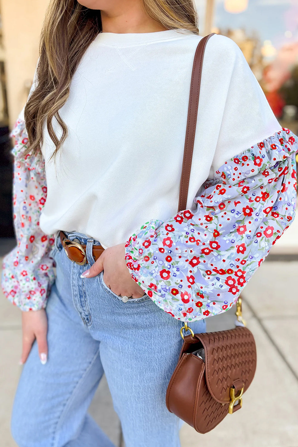 White Floral Ruffle Balloon Sleeve Patchwork Loose Blouse White 65%Polyester+35%Cotton 1d61f642abe3dcbb