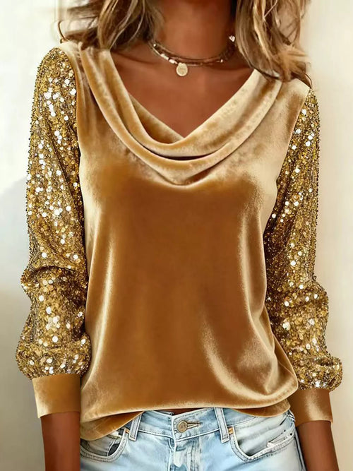 Sequin Sleeve Velvet Cowl Neck T-Shirt Gold 1d63c4e8a15040f58fa8eb8d3bf4e8cf-Max-Origin