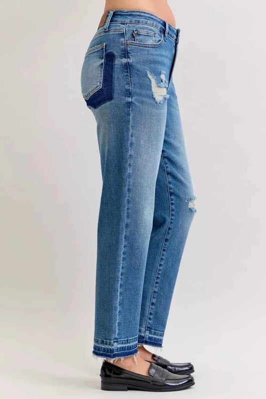 Full Size Mid Rise Bf Patch & Repair Destroy Release Hem Jeans Plus Size 1d71bec41fab4b389e679aa32174c7fe-Max-Origin