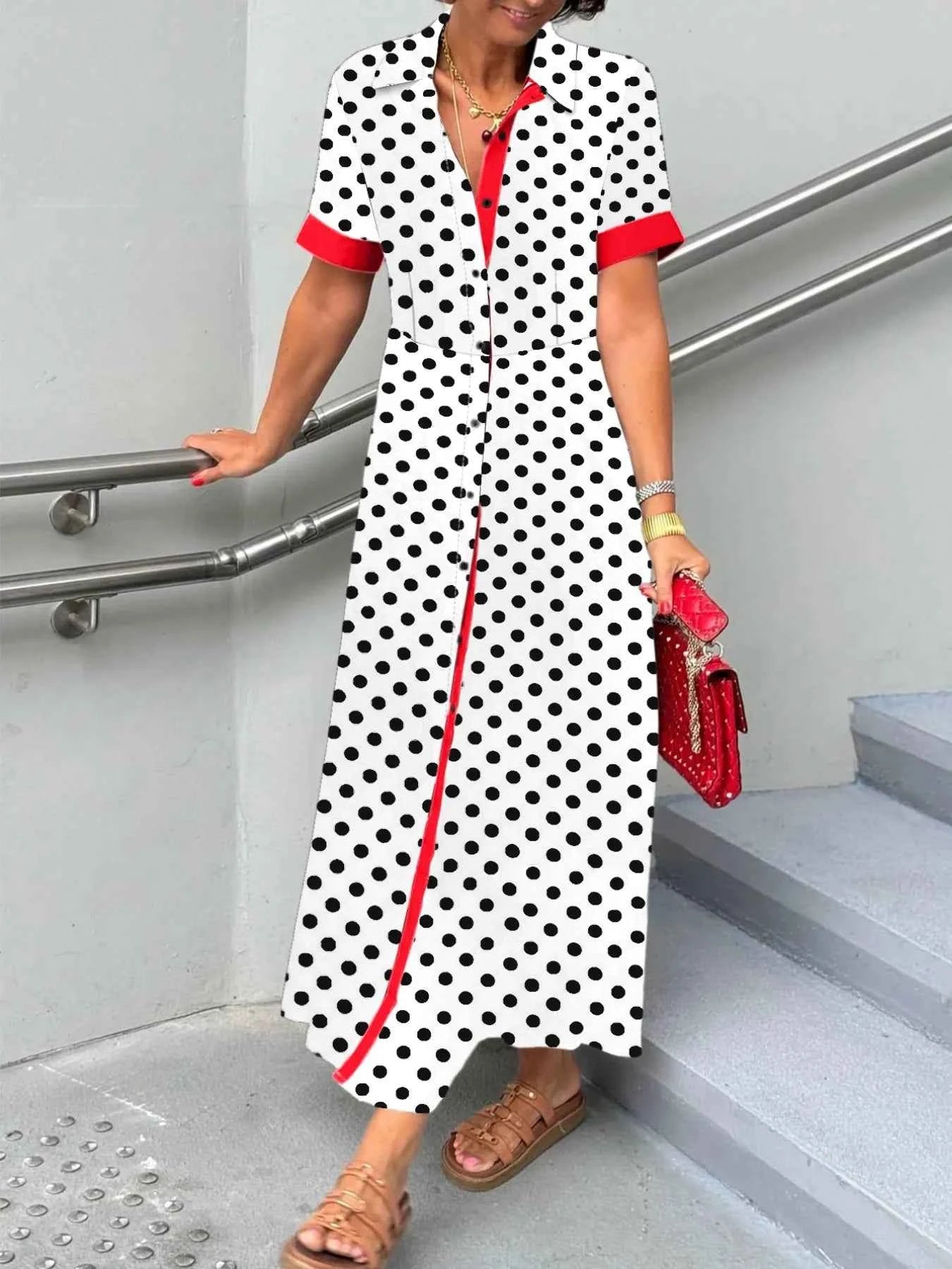 Polka Dot Short Sleeve Maxi Shirt Dress White 1d73912e-7a40-412d-97f6-f0d59f506969-Max-Origin