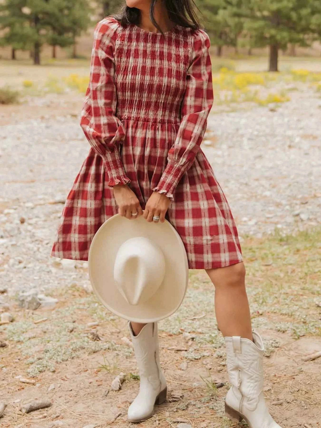 Plaid Smocked Long Sleeve Mini Dress 1d771281-317c-4b39-80ad-907876daacfb-Max-Origin