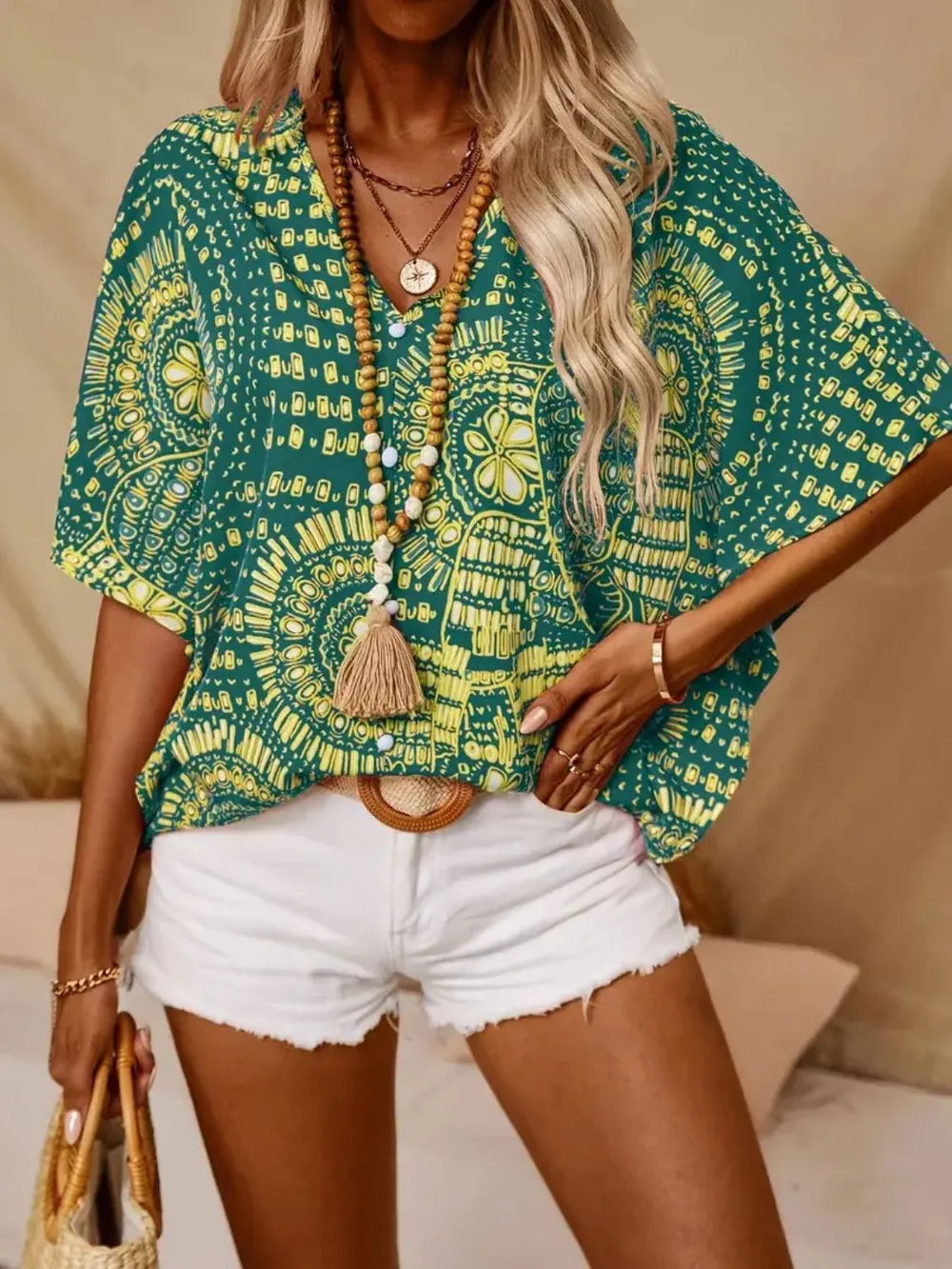 Printed V-Neck Half Sleeve Top Green 1d805c24-4b4c-4212-a8b5-94dd658774a9-Max