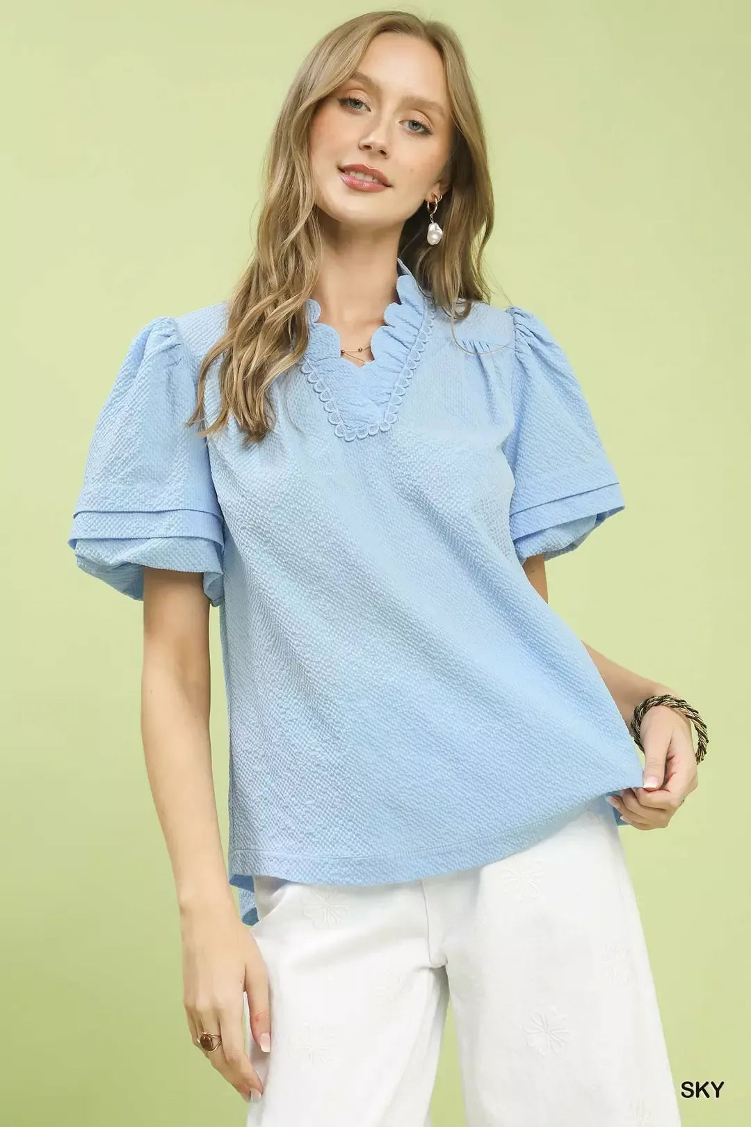 Umgee Textured Scallop Trim Puff Sleeve Blouse SKY 1d8120f7-0df5-4bca-9875-f2c23e8e2597-Max-Origin