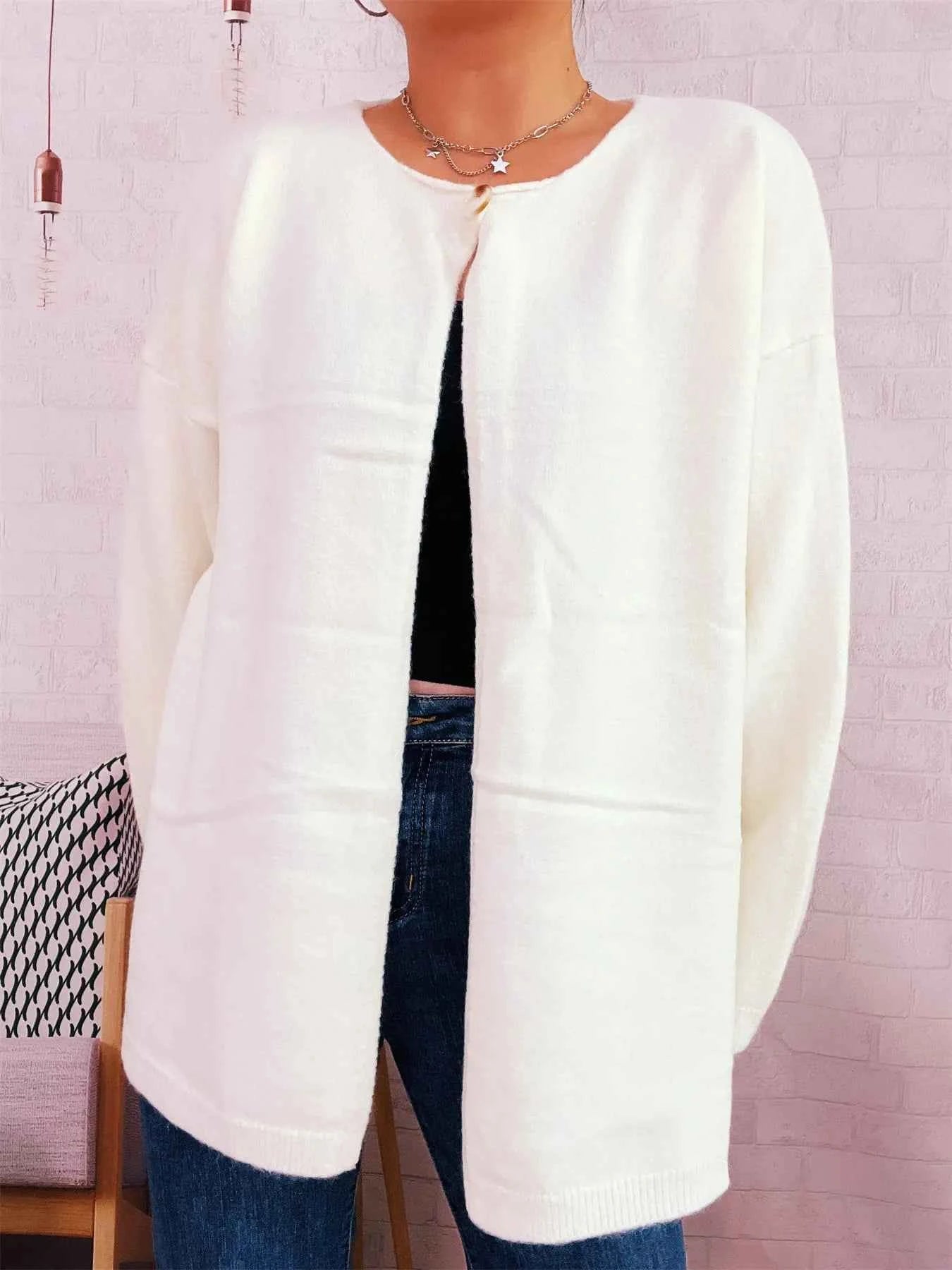 One Button Front Drop Shoulder Cardigan White One Size 1d828180755044ed86a6500ce1f580df-Max-Origin