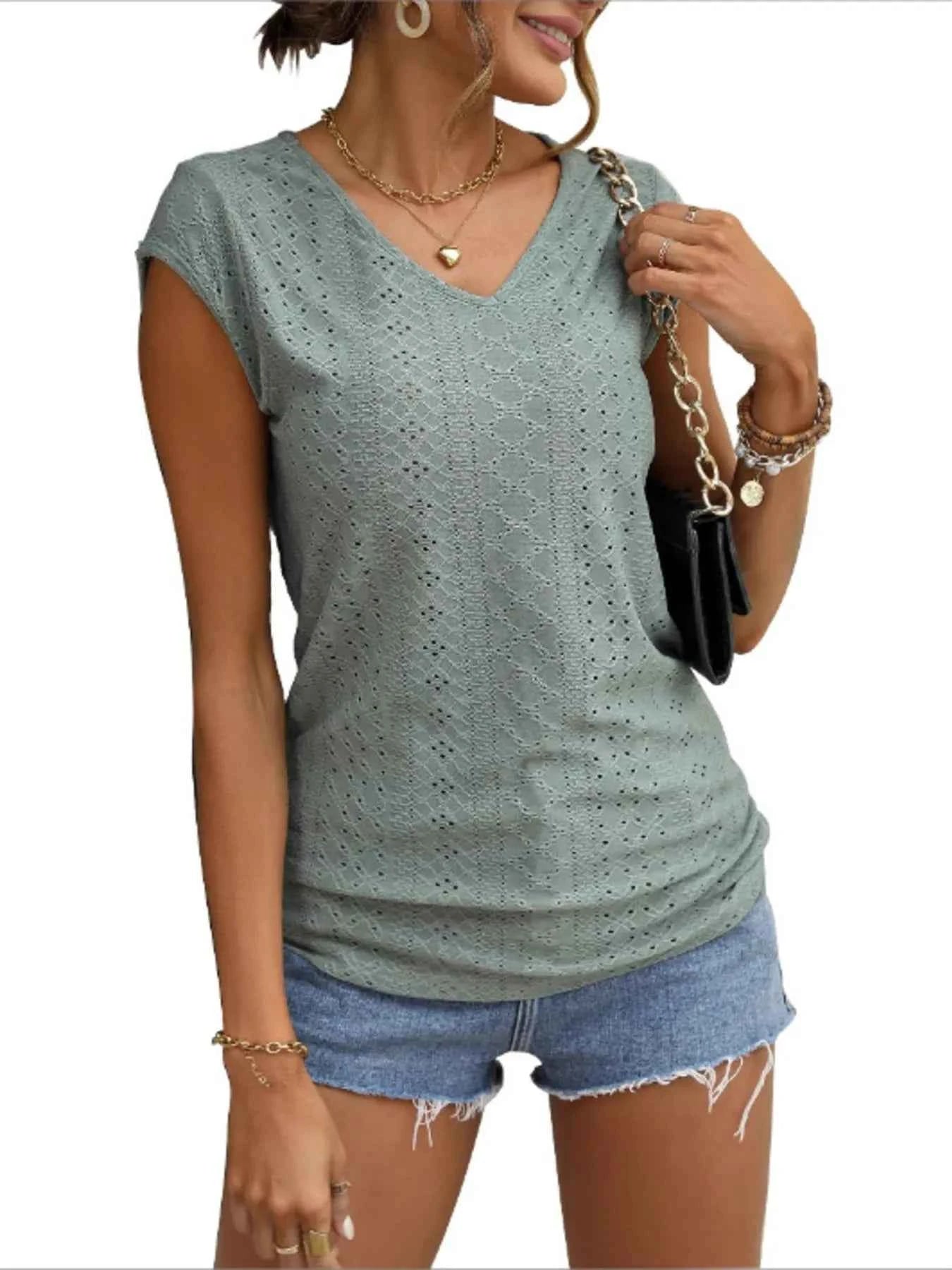 Eyelet V-Neck Cap Sleeve T-Shirt 1d83210cb8fa49eead65d54d2461da3a-Max-Origin