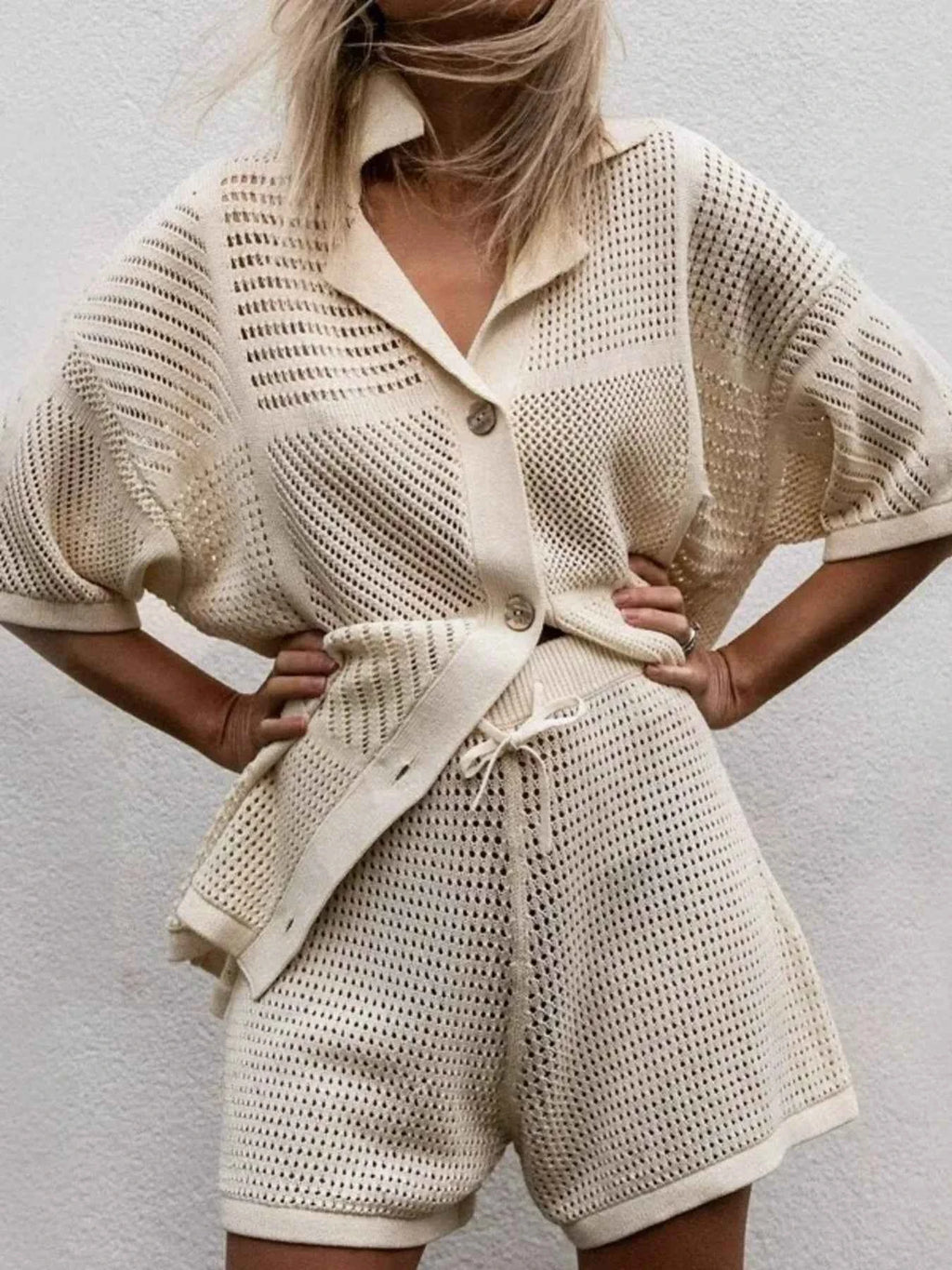 Crochet Button Up Top and Shorts Set Apricot 1d8853427dc24ed98c6ace030b18535d-Max-Origin