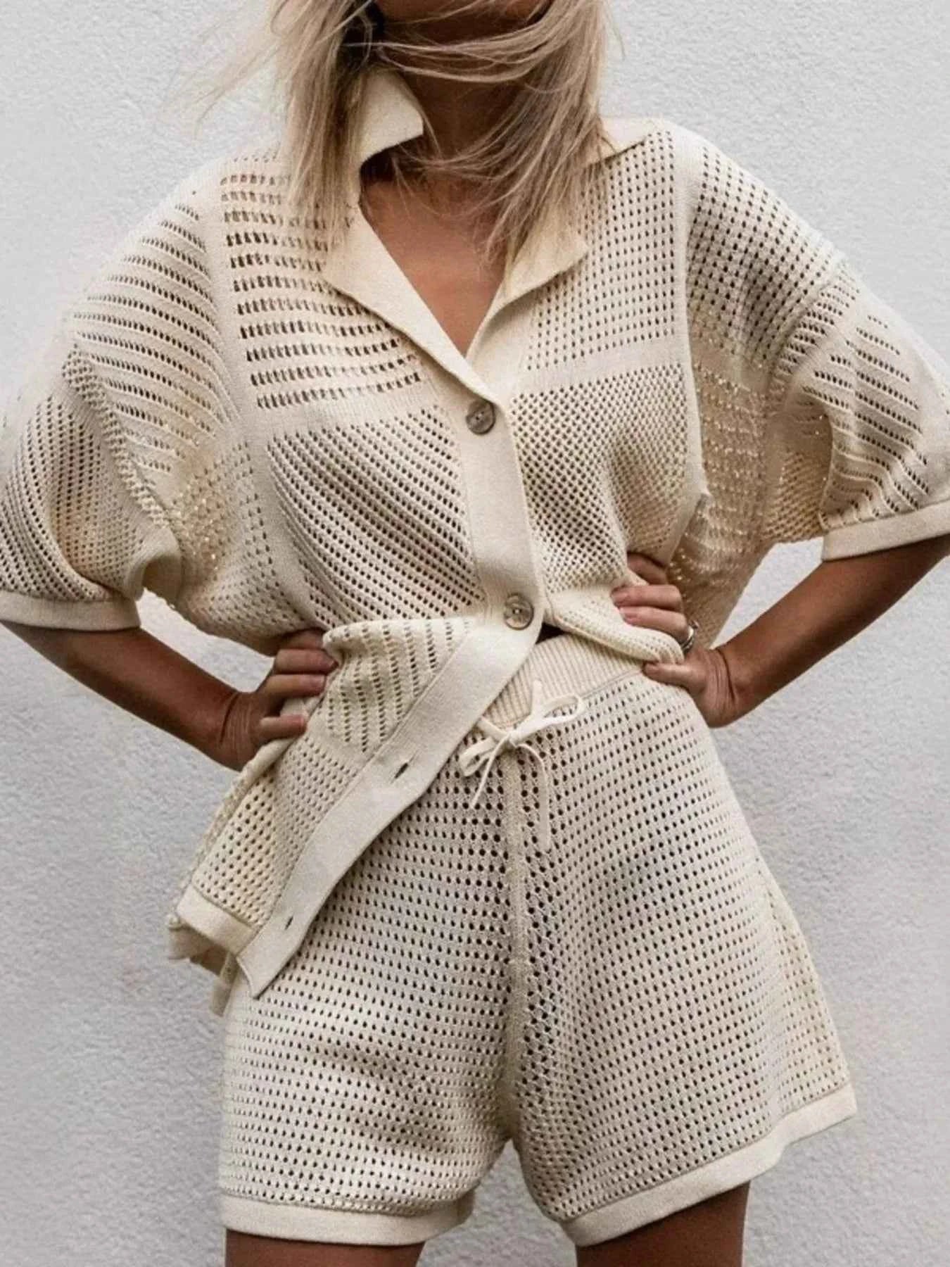 Crochet Button Up Top and Shorts Set Apricot 1d8853427dc24ed98c6ace030b18535d-Max-Origin