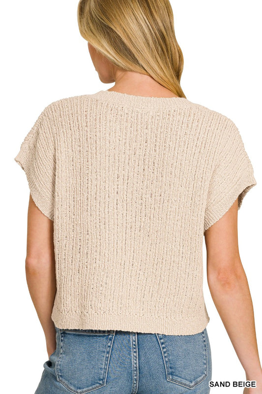 Textured Knit V-Neck Cropped Sweater 1d8d7de7a5d142e3bafa648039319d3d-Max